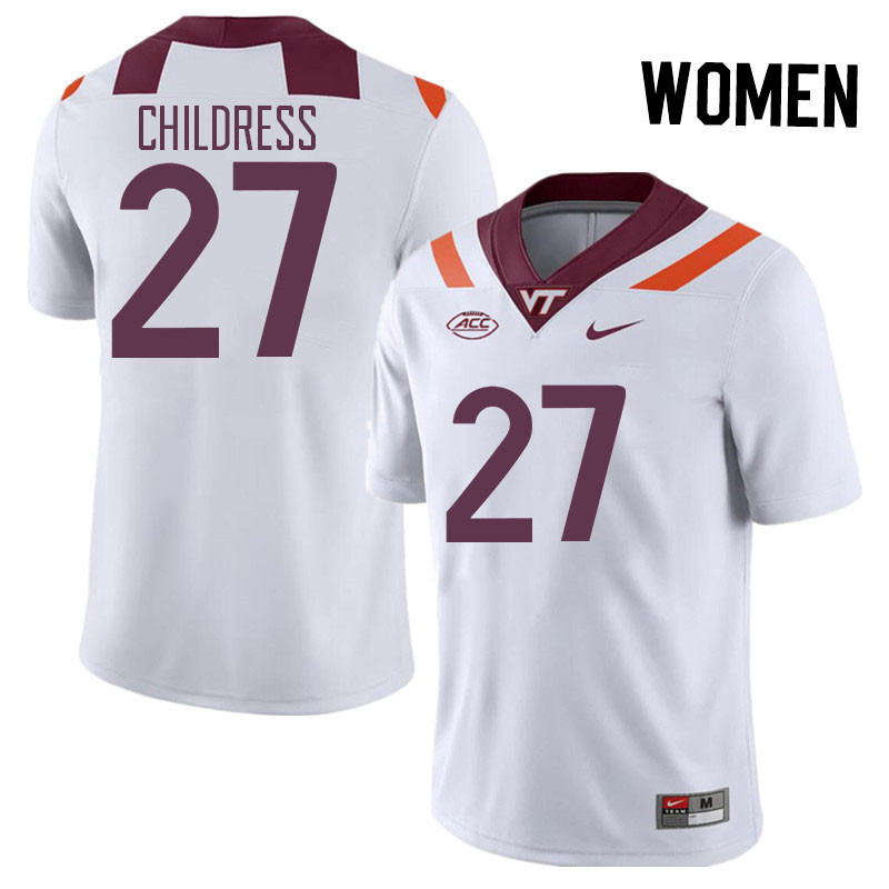 Women #27 Tyler Childress Virginia Tech Hokies College Football Jerseys Stitched Sale-White - Click Image to Close